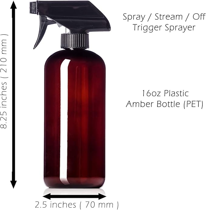 16oz Amber Plastic Bottles with Black Trigger Sprayers, BPA Free PET Plastic (2 Pack)