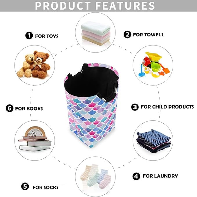 visesunny Collapsible Laundry Basket Mermaid Rainbow Scale Large Laundry Hamper with Handle Toys and Clothing Organization for Bathroom, Bedroom, Home, Dorm, Travel
