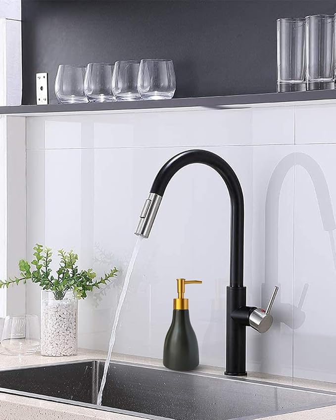 280ml Black Ceramic Liquid Soap Dispenser for Bathroom & Kitchen with Gold Pump,Refillable Countertop Hand Sanitizer Bottle,Chic Home Deco(Cone Black Bottle)