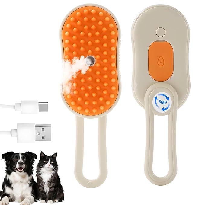 Steam Brush for Cats& Dogs,Pet Steam Brush,4-in-1,Rechargeable Grooming Tool for Cats & Dogs, Anti-Static Design, Delivers Massage, Deep Cleansing, Shedding Control & Styling-Orange
