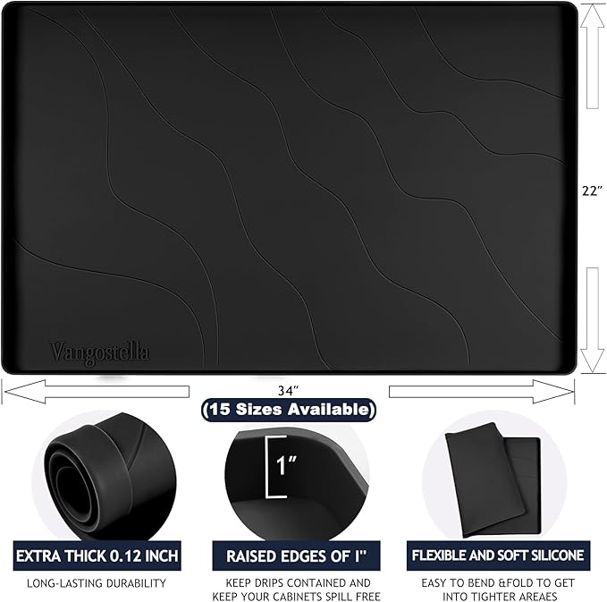 Heavy Duty Silicone Under Sink Mats for Kitchen Waterproof 40" x 19", Extra Thick Under Sink Rubber Mat Drip Tray, Raised Edge Under Sink Liner,Prevent Drips, Leaks, Spills,Black