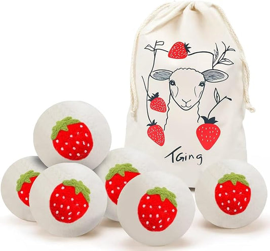Wool Dryer Balls，New Zealand Wool Laundry Balls for Dryer (Pack of 6, Strawberry Handmade Pattern)，Softens Clothes,Naturally Reduces Drying Time and Static Electricity