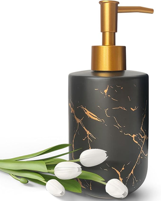 Black Marble Ceramic Soap Dispenser with Golden Pump for Bathroom Kitchen Refillable Dish Dispenser Liquid Hand Dispenser Empty Bottle (Black)