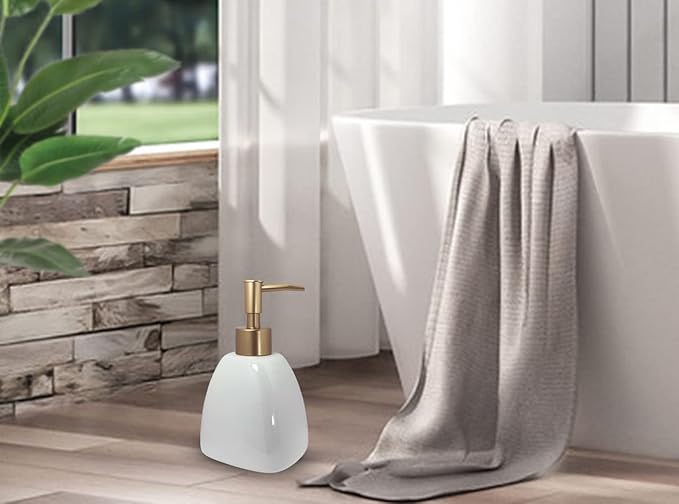 Liquid Soap Dispenser for Bathroom with Gold Pump，Dish Soap Dispenser for Kitchen，Refillable Countertop Lotion Ceramics White Hand Soap Dispenser for Shower 430ml (Pyramid White Bottle)