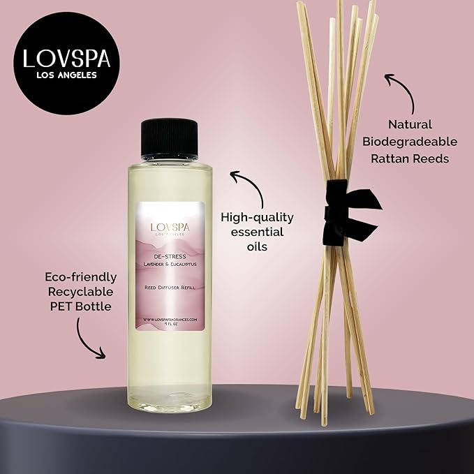 LOVSPA DE-Stress Lavender Eucalyptus Diffuser Oil - Luxury Essential Oils for Diffuser Refill & Air Freshener Room Spray - Long-Lasting Home Fragrance, Scented Oil for Diffusers, USA Made, 4oz