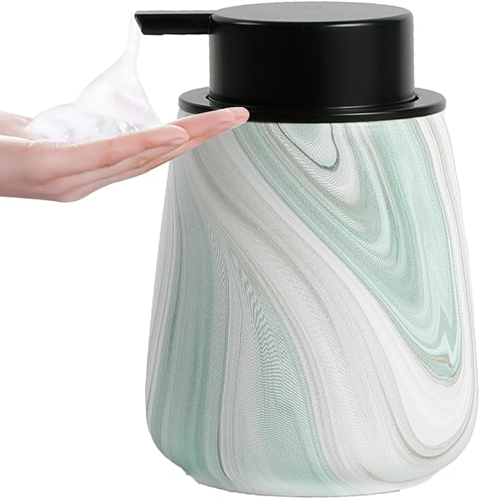 12Oz Foam Hand Soap Dispenser - Modern Ceramic Foaming Soap Dispenser with Easy-to-Press Pump, Reusable and Refillable Liquid Dish Soap Dispensers for Bathroom & Kitchen, Marble Green