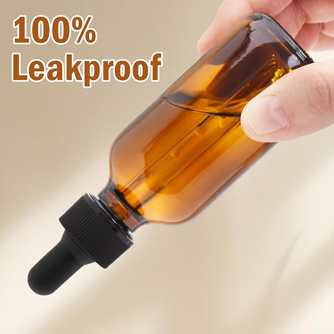 June Fox 2oz Glass Dropper Bottle, 80 Pack Amber Glass Bottles with Droppers and Black cap for Essential Oils, Lab Chemicals, Perfumes