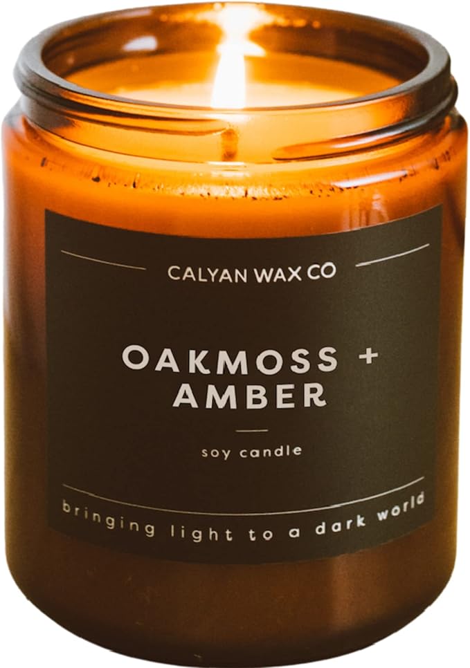Calyan Wax Co. Soy Wax Candle, Oakmoss + Amber Scented Candle, 57 Hour Burn Time, Aromatherapy Soy Candles, Non Toxic & Vegan Soy Wax, Amber Glass Jar Scented Candles, 7.2oz