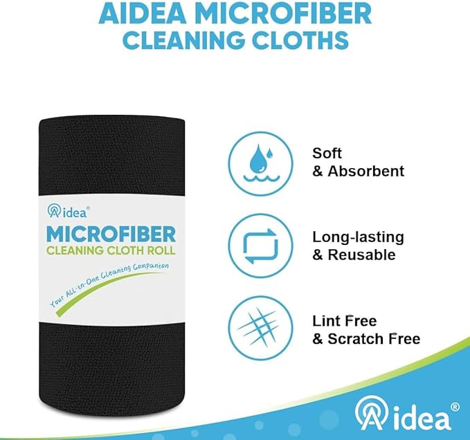 AIDEA Microfiber Cleaning Cloth Roll, 50PK, Black Microfiber Towels for Cars, Reusable Paper Towels Tear Away Cloth, Shop Rags, Lint Free Cleaning Rags for House, Kitchen, Window, 11.5"×11.5"