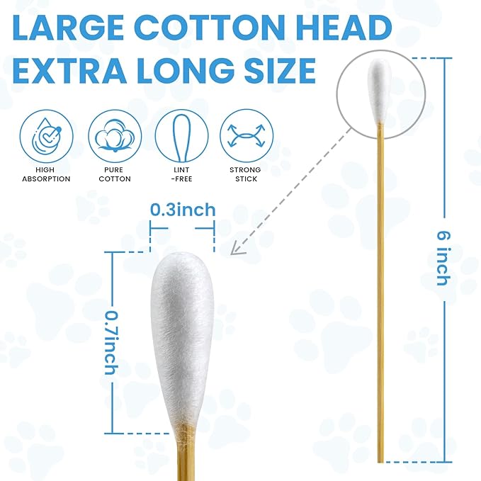 450PCS Dog Ear Cleaning Kit in Storage Box - 6" Long Cotton Swabs for Dogs with Dry Cleaning Pads - Large Cotton Head, Lint-Free, Highly Absorbent, Specially Designed for Use with Dog Ear Cleaner