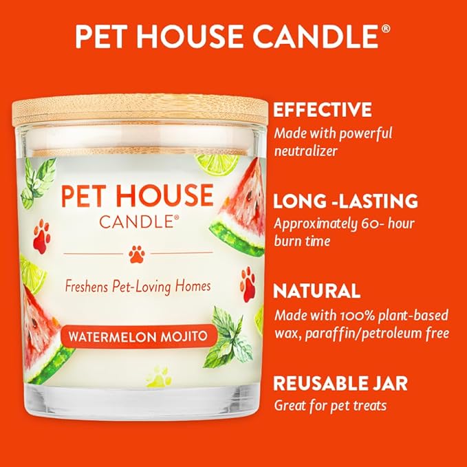 One Fur All Pet Candle Plant-Based Pet Friendly Candle, Clean Burning, Long Lasting Room Freshener with a 60 Hour Burn Time - Watermelon Mojito