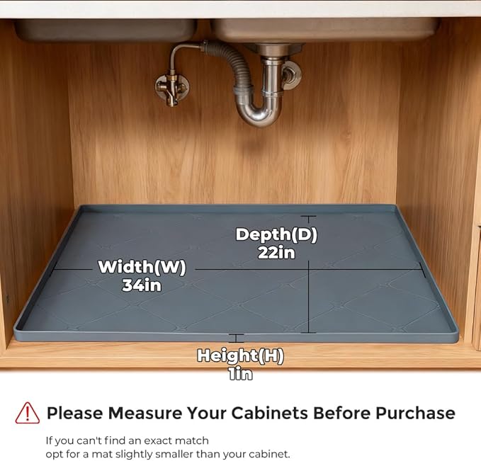 34" x 22" Large Under Sink Mats Kitchen : Waterproof Under-Sink Organizers Sink Mat Protectors, Flexible Silicone Drip Tray Pet Food Mats Kitchen Bathroom Drawer Shelf and Cabinet Liner, Grey