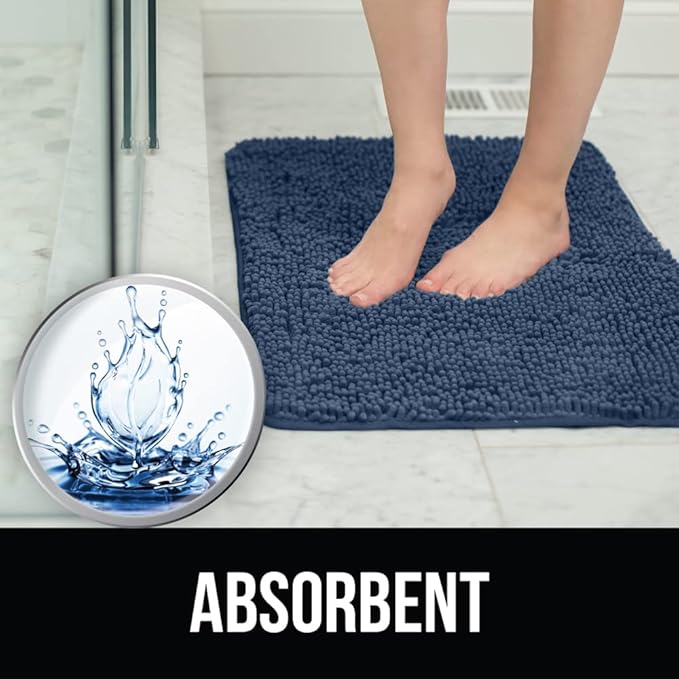 KANGAROO Bathroom Rugs, Chenille Soft Absorbent Bath Rug, Shaggy Shower Mat, Quick Dry Machine Wash Bathmat, Plush Carpet Mats for Tub, Bathtub and Room Home Decor Accessories, 30x20, Navy