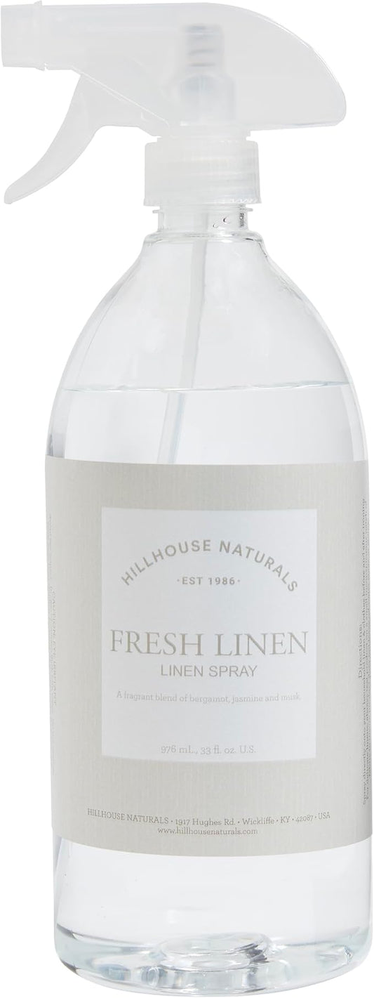 Hillhouse Naturals 1 liter Fresh Linen linen Mist. Aromatherapy Spray for Relaxation and Sleep. With scents of lemon and orange interwoven with bergamot, rose, jasmine and musk. Made in the USA