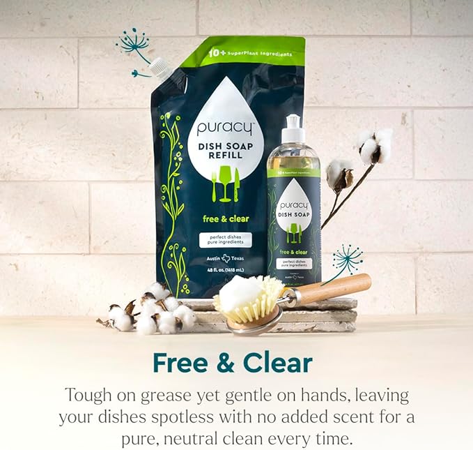 Puracy Natural Dish Soap Refill - Skin-Softening Plant-Based Liquid Dishwashing Detergent Soap, Clean-Rinsing Water-Sheeting Formula (Free & Clear, 48 fl oz)