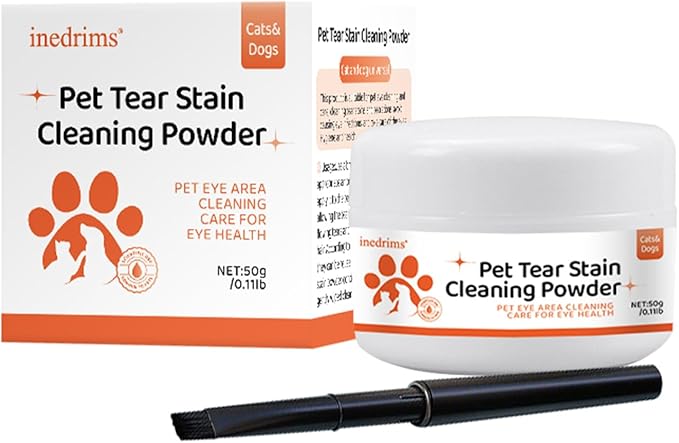Tear Stain Remover Powder for Dogs and Cats with Brush, 100% Natural and Safe, Apply Around Eyes to Absorb and Repel Tears, Gentle & Effective Alternative to Dog Eye Drops