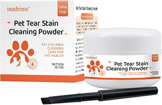Tear Stain Remover Powder for Dogs and Cats with Brush, 100% Natural and Safe, Apply Around Eyes to Absorb and Repel Tears, Gentle & Effective Alternative to Dog Eye Drops