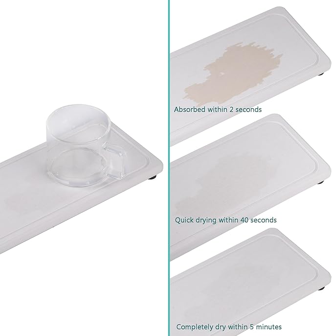 2 Pcs Water Absorbing Stone Trays, Kitchen/Bathroom Sink Soap Dish, Diatomite Tray Used for Hand Soap & Cosmetic Bottles in The Modern Home, 4" W x 10.2" L, White