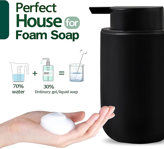 Foam Soap Dispenser Set - 2 Pack Black Ceramic Foaming Dish Hand Soap Dispenser with Black Pump for Bathroom, Bathroom Dispenser Set for Modern Home Farmhouse Decor