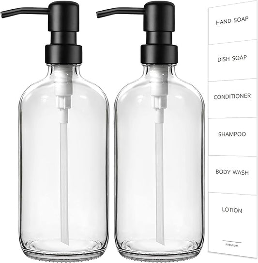 GMISUN Glass Soap Dispenser with Pump, 2 Pack Clear Bathroom Hand Soap Dispenser with Stainless Steel Pump, 16 Oz Refillable Kitchen Hand and Dish Soap Dispensers Set, Modern Liquid Pump Bottles