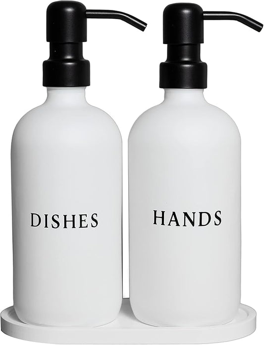 White Glass Hand and Dish Soap Dispenser Set - Modern Farmhouse Sink Accessories - 16 oz Kitchen Sink Set With Tray, Black Pumps & Funnel