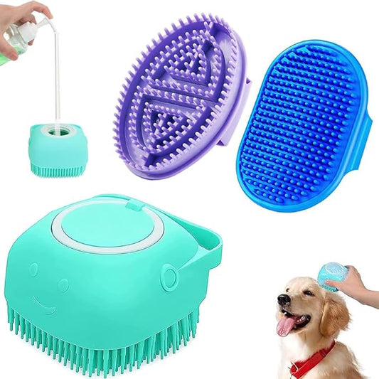3PCS Dog Bath Brush, Dog Shampoo Brush Dog Scrubber for Bath, No Slipping Pet Shower Grooming Massaging Washing Brush with Adjustable Ring Handle for Short & Long Haired Dogs/Cats (Blue)