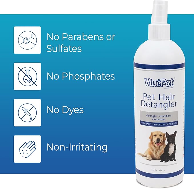 VLUEPET | Pet Hair Detangler Spray - Dematting and Conditioner Spray for Dog & Cat - Natural Ingredients, Paraben & Sulfate Free - Tangled & Dyes Remover - Aloe & Oatmeal Scent - Daily Use - 16 fl oz