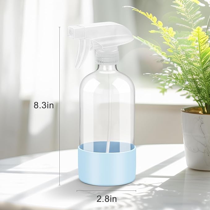 2 Pack Glass Spray Bottles with Silicone Sleeve, 16 oz Empty Refillable Containers with Adjustable Spray Nozzles, Spray Bottles for Hair, Cleaning Solutions and Plants Blue
