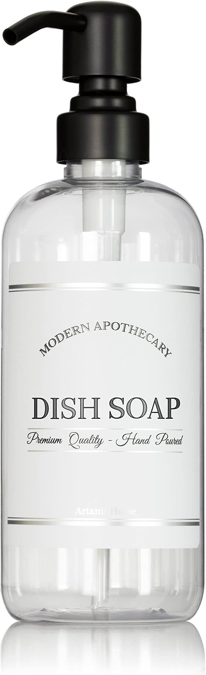 Refillable Clear PET Plastic 16 oz Dish Soap Bottle with Black Satin Pump Dispenser - Chrome Accent Waterproof Labeled Bottle