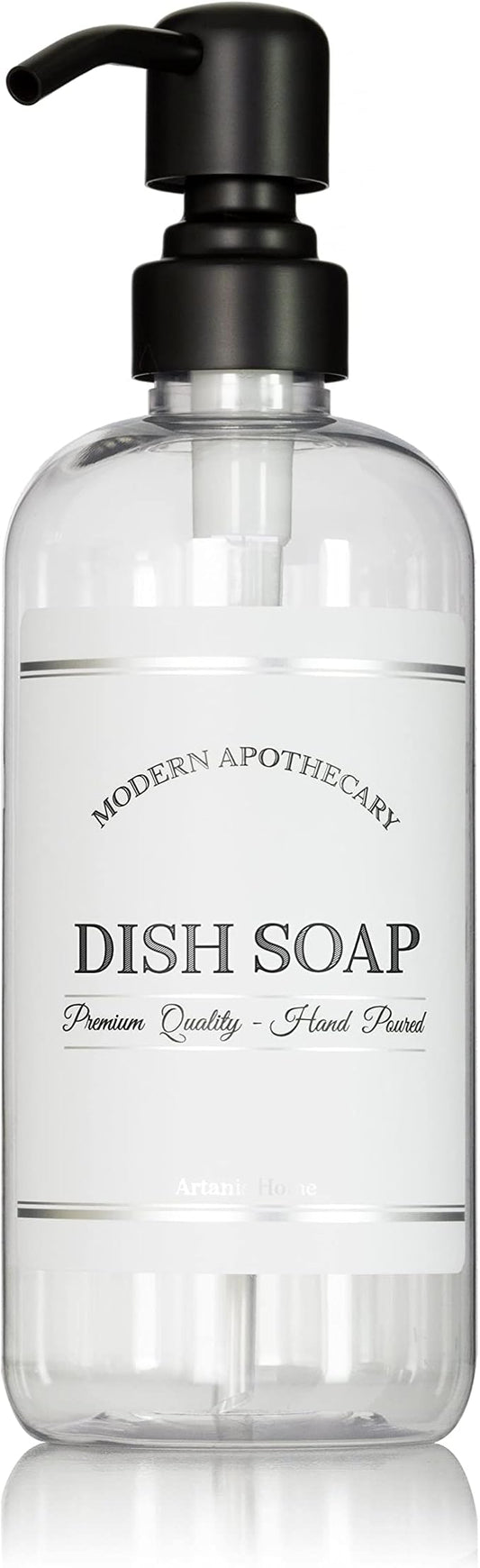 Refillable Clear PET Plastic 16 oz Dish Soap Bottle with Black Satin Pump Dispenser - Chrome Accent Waterproof Labeled Bottle