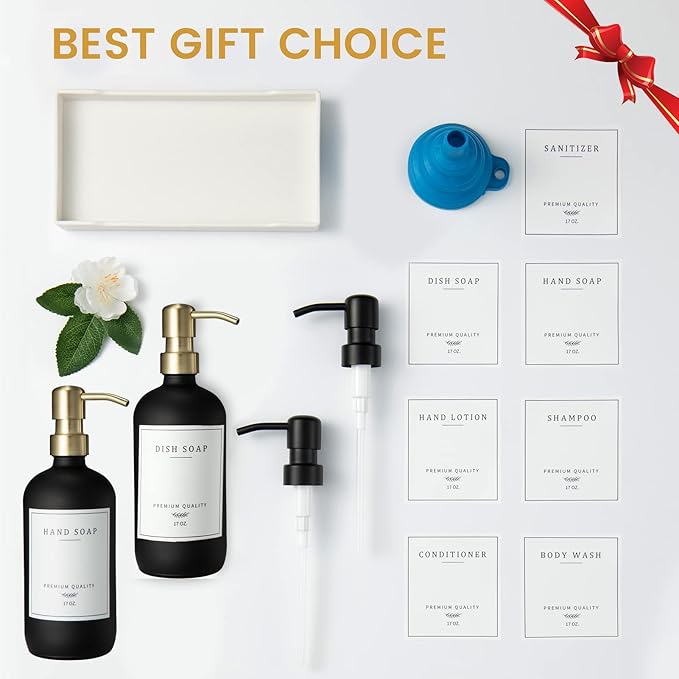 Glass Soap Dispenser for Kitchen, Farmhouse Dish Soap Dispenser&Hand Soap Dispenser Set,Rustproof Pump Lotion Dispenser Bathroom with Tray,Waterproof Label for Kitchen Decor(Black