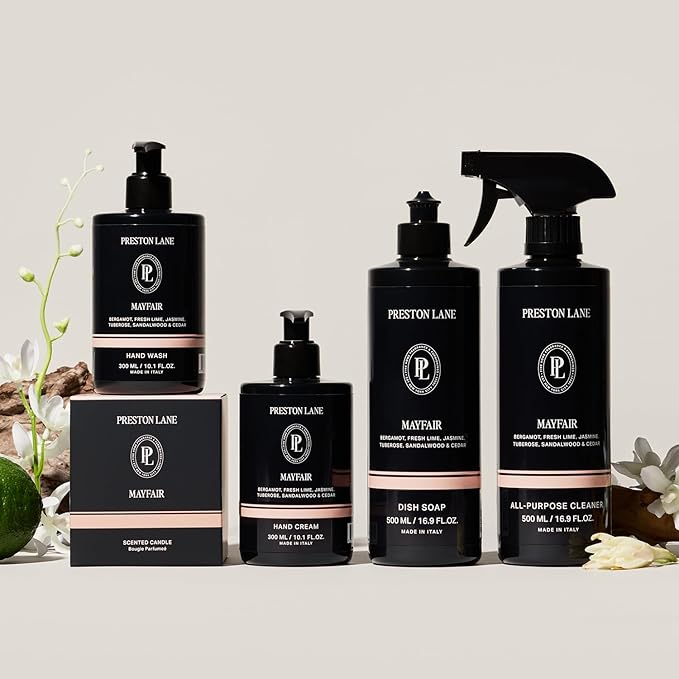 Preston Lane Signature Home Set – All Purpose Cleaner, Dish Soap, Hand Wash, Hand Cream & Scented Candle | Plant-Powered Cleaning & Care Essentials with Fine Italian Fragrance, Mayfair