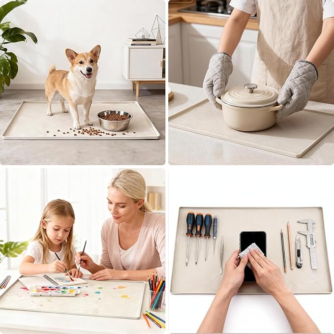 19" × 22" Under Sink Mats for Kitchen - Waterproof Under-Sink Organizers Sink Mat Protectors, Flexible Silicone Drip Tray Pet Food Mats Kitchen Bathroom Drawer Shelf and Cabinet Liner, Beige