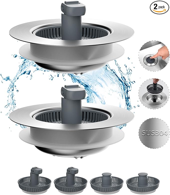 Hibbent 2 Pack 3 in 1 Kitchen Sink Drain Strainer and Stopper Combo, Stainless Steel Metal Pop Up Sink Stopper with Foldable Handle, 6 Anti-Clogging Baskets, Fit for US Standard 3-1/2 Inch Drain
