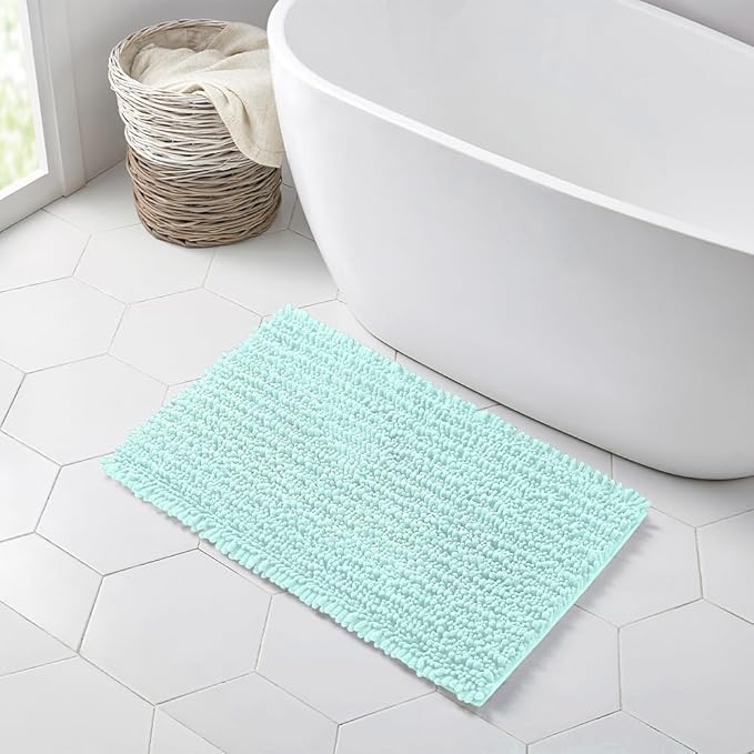 Walensee Bathroom Rug Non Slip Bath Mat (32x20 Inch Spa Blue) Water Absorbent Super Soft Shaggy Chenille Machine Washable Dry Extra Thick Perfect Absorbant Best Large Plush Carpet for Shower Floor