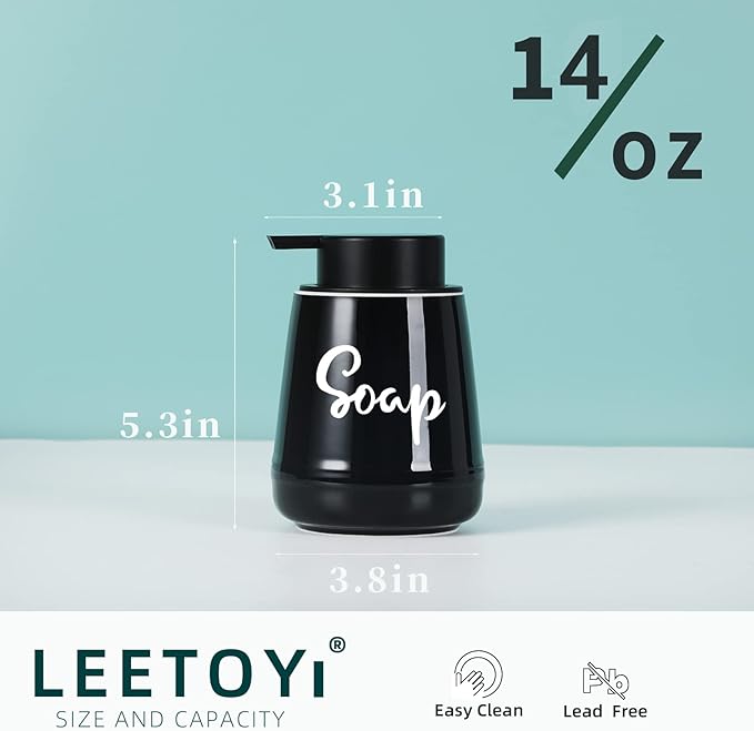 LEETOYI Bathroom Countertop Dispensers Modern Ceramic Soap Lotion Dispenser Bottles, Hand Soap Dispenser for Bathroom, Dish Soap Dispenser for Kitchen, Easy to Press Pump (Black, Labeled Soap)