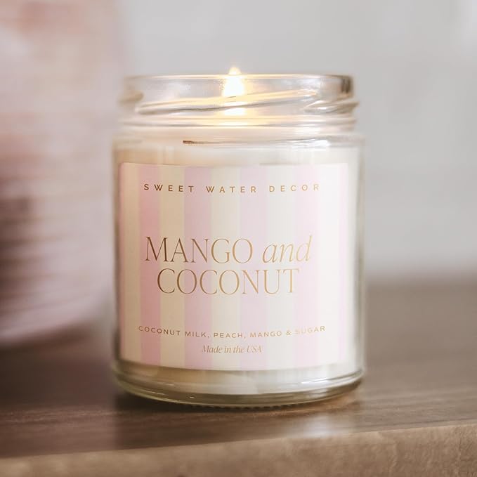 Sweet Water Decor Mango and Coconut Patterned Candle – Soy Candles with Pineapple, Mango, Orange, Peach – 40 Hour Burn – 9oz Clear Glass Jar – Ideal for Valentines Presents or Any Special Occasion
