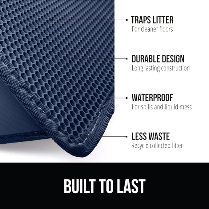 GORILLA GRIP Honeycomb Cat Litter Box Mat, Two Layer Trapping Waste Mats, Soft On Paws, Litter Box Supplies and Essentials for Indoor Cats, Traps Excess, Water Resistant for Floors, 24x15 Navy