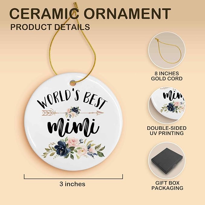 World's Best Mimi Ceramic Ornaments Gifts, Grandma Grandmother Round Hanging Ornament Decor Decorations for Christmas Tree Car, Thank You Appreciation Gifts for Mimi Birthday Holiday