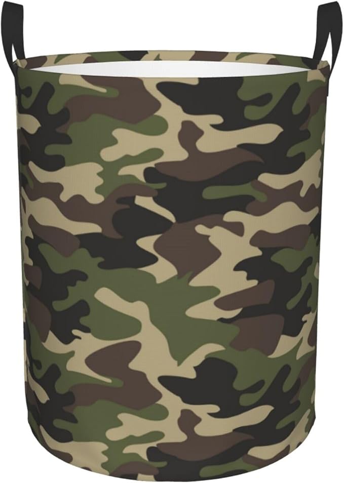 Green Camouflage Laundry Hamper Bag With Waterproof Liner - Military Camo Round Laundry Basket Foldable Clothes Storage Organizer For Bathroom Bedroom Nursery Dorm, M-19.6"X 15.7"