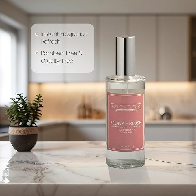 FIELD FLEUR Natural Room and Linen Spray, Non-Toxic Fragrance Mist With scents of Floral, Citrus, Aquatic Woods Notes – Long-Lasting Room Spray for Home, Bedding – Made in USA, 4oz – Peony Blush