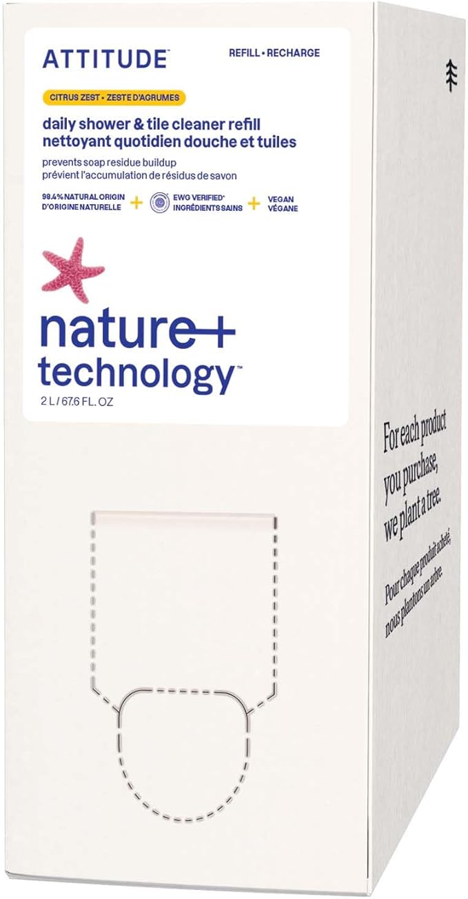 ATTITUDE Shower & Tile Cleaner Refill, EWG Verified, Plant-Based & Vegan Bathroom Spray, Removes Soap Scum & Grime, Citrus Zest Scent, 67.6 Fl Oz