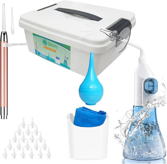 Ear Wax Removal Tool, Ear Cleaning Kits Safe Ear Irrigation Kit Ear Flush Kit for Adults Kids, Ear Wax Washer Device with LED Earwax Spoon, Basin, Bulb, Curette Kit, Towel, Tips, Storage Box Blue