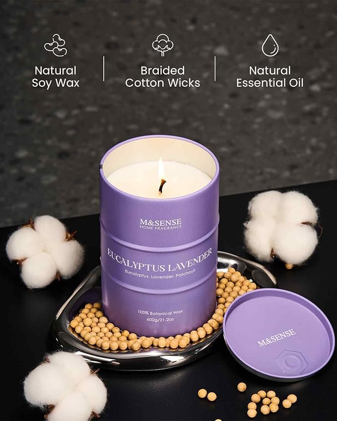 M&SENSE Eucalyptus Lavender Scented Candles Large, Natural Soy Candles 21.2oz 120 Hour Slow Burning,Aromatherapy Candle for Stress Relief Meditation Relaxing