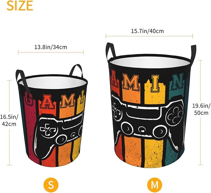 Gaming Laundry Hamper Bag With Waterproof Liner - Game Joystick Retro Style Round Laundry Basket Foldable Clothes Storage Organizer For Bathroom Bedroom Nursery Dorm, M-19.6"X 15.7"