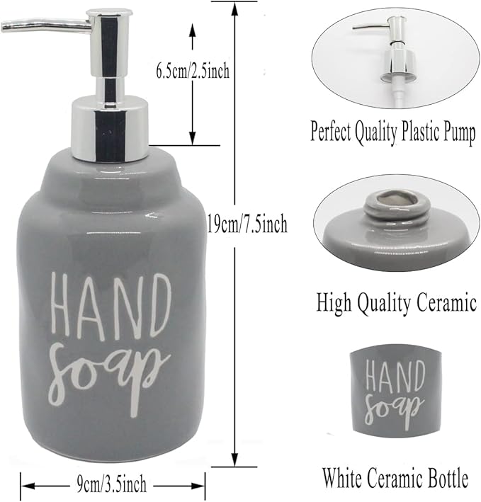 2 Pack Ceramics Hand Soap and Dish Soap Dispenser Set for Kitchen and Bathroom, Refillable Liquid Hand Soap and Premium Kitchen Soap Dispenser, Perfect for Counter Décor (Gray)