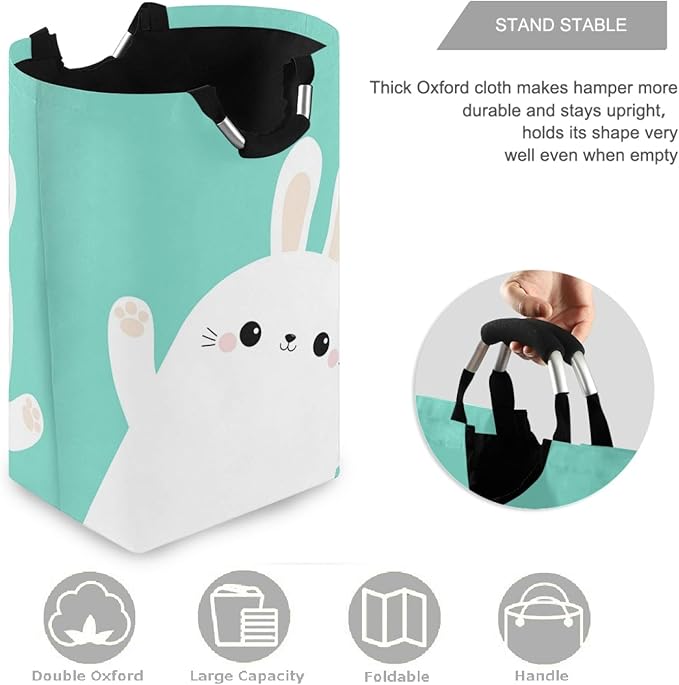 visesunny Easter White Rabbit Bunny Animal Large Laundry Hamper with Handle Foldable Durable Clothes Hamper Laundry Bag Toy Bin for Bathroom, Bedroom, Dorm, Travel