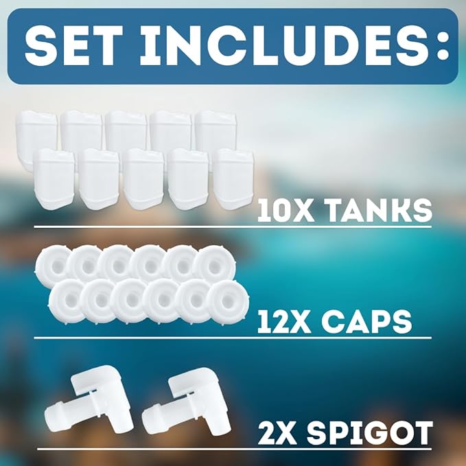 5-Gallon Stackable Water Storage Containers, 5 Gallon Tanks w/12 Lids + 2 Spigot, Easy Fill, Survial Supply Emergency Water Storage for Camping and Disaster Preparedness, RV, 50 Gallon (10 Tanks)