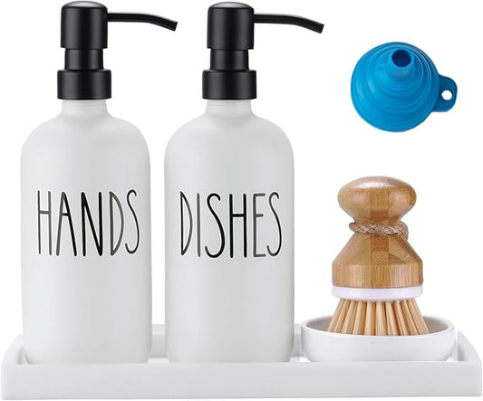 Glass Soap Dispenser for Kitchen, Farmhouse Dish Hand Soap Dispenser Set, Rustproof Pump Dispenser Set with Tray and Dish Brush, Kitchen Decor（White）