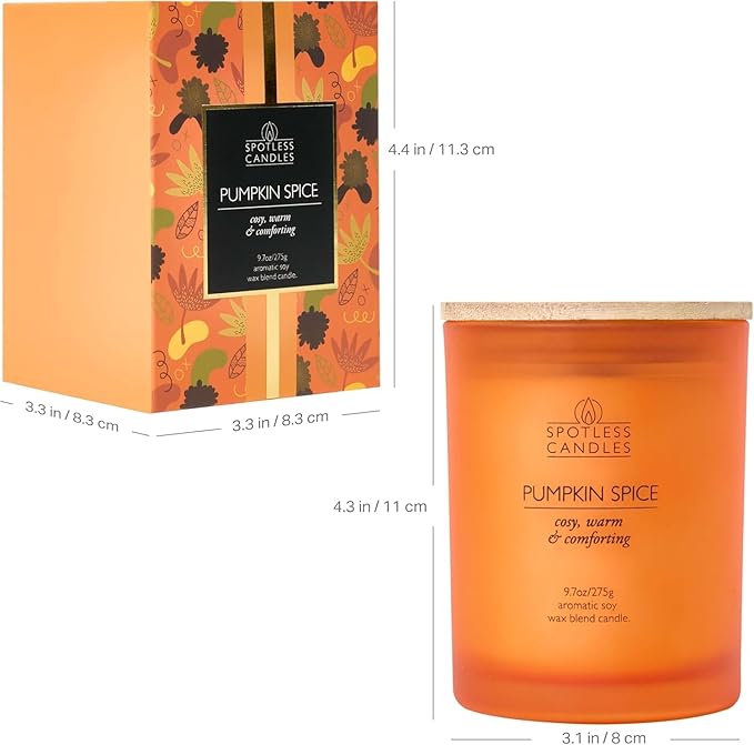 Pumpkin Spice Candle - 9.7 oz /275g Pumpkin Candle in Orange Frosted Glass Jar with Wooden Lid and Wooden Crackling Wick in Luxurious Gift Box - Cosy, Warm and Comforting